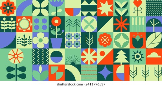 Modern geometric background. Abstract nature trees, leaves, flowers, shapes. Bauhaus. Seamless pattern.