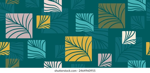 Modern geometric background. Abstract nature: forest, trees, leaves, flowers, birds, butterflies, fruits and berries. Set of icons in flat minimalist style.  