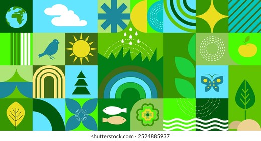 Modern geometric background. Abstract nature: forest, trees, leaves, flowers, birds, butterflies, fruits, sun, fish, rainbow. Set of icons in flat style.