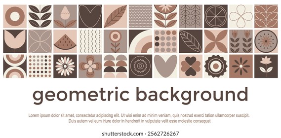 Modern geometric background of abstract organic art style shapes. Mocha Mousse color. Big collection elements in trendy minimal design. Abstract fruit plant leaf simple shape
