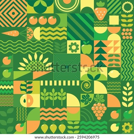 Modern geometric background. Abstract organic products, vegetables, fruits and berries. A set of icons in a flat, minimalistic style. Seamless pattern.