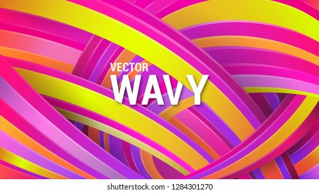 Modern geometric background. Abstract rainbow. Violet, yellow and orange curved lines. Dynamic effect Energy and movement. Interlacing paths. 3D volume. Soft gradients.