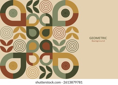 A modern geometric background with abstract shapes and earthy tones features teardrops, leaves, and circles arranged in a composition layout, with copyspace for text design and banner