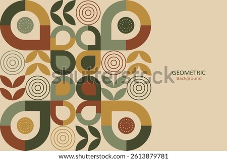 A modern geometric background with abstract shapes and earthy tones features teardrops, leaves, and circles arranged in a composition layout, with copyspace for text design and banner