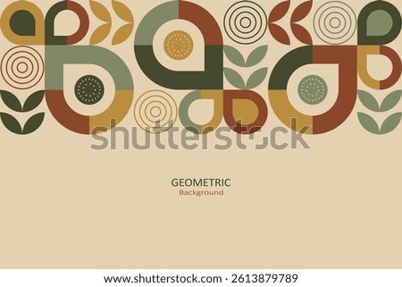 A modern geometric background with abstract shapes and earthy tones features teardrops, leaves, and circles arranged in a composition layout, with copyspace for text design and banner