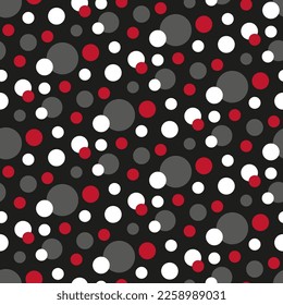 Modern geometric background with circles. Polka dots seamless pattern. Contrasting specks of different sizes are unevenly located on plane. Abstract round shapes for trendy contemporary fabric prints.