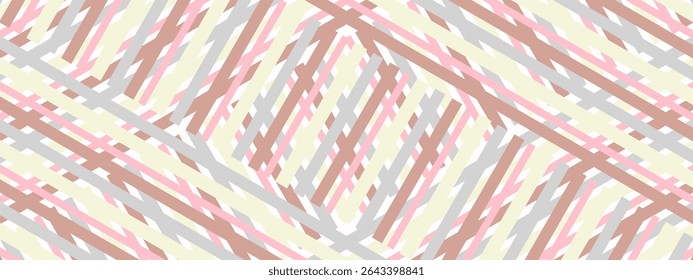 A modern, geometric background composed of diagonal, interwoven lines. The palette includes muted tones of beige, soft pink, light gray, and off white.