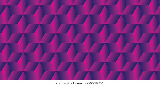 Modern geometric background featuring an isometric seamless pattern of 3D cubes and rhomboid blocks. The abstract design showcases an elegant color gradient shifting from deep navy blue to vibrant neon magenta and rich purple tones, creating a high-contrast optical illusion surface. Perfect for cyberpunk gaming banners, futuristic technology websites, music album art, and luxury textile wrap prints