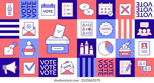 Fondo geométrico moderno con iconos de línea plana de votación, boletas y elecciones. Plantilla de diseño de mosaico. Ilustración vectorial