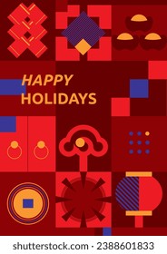 Modern geometric background, flat minimalist style design of traditional Chinese auspicious symbols, celebrating the New Year’s prosperity and wealth vector illustration