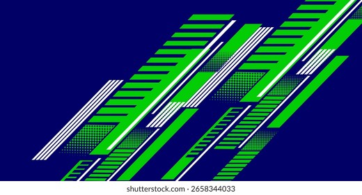 Fondo geométrico moderno con líneas diagonales verdes, blancas y azules. Ideal para tecnología, deportes, negocios o diseños futuristas.