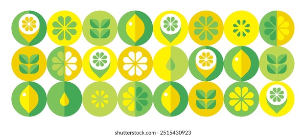 Fundo geométrico moderno com limões.Abstrato padrão natural sem emenda.Comida fresca orgânica.Bauhaus design.Set de ícones em estilo plano minimalista simples.Verão ilustração vetorial com frutas cítricas.