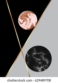 Modern geometric background with marble circles and gold lines.