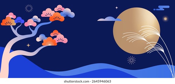 Modern geometric background for Mid-Autumn Festival. Chinese New Year template with abstract tree, clouds and full moon.