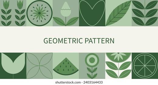 Moderner geometrischer Hintergrund. Geometrisches natürliches Muster. Minimales florales abstraktes Ökolandwirtschaftkonzept. Natürliche Blumenpflanze einfache Form. Mosaik, Satz abstrakter botanischer Symbole. Vektorbanner 