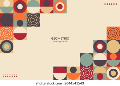 A modern geometric background with retro-style circular patterns at the corners and a minimalist beige space with text at the center, ideal for creative design layouts.