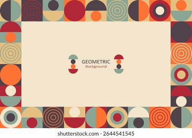 A modern geometric background with retro-style circular patterns as a frame and a minimalist beige space with text at the center, ideal for creative design layouts.