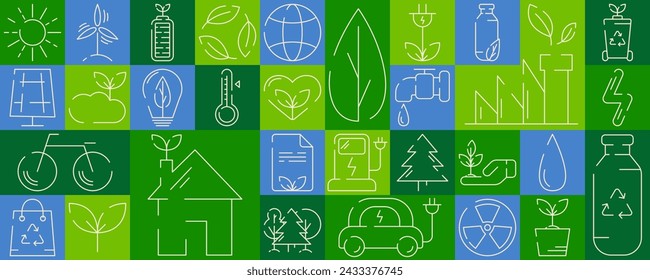 Modern geometric background. Set of line ecology icons in flat minimalist style with simple shape. For flyer, poster, banner, cover. Environment improvement, sustainability, recycle, renewable energy.