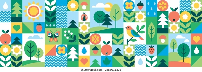 Modern geometric background. Summer design. Abstract nature: trees, leaves, flowers, bird, butterfly, fruits and berries. Set of icons in flat minimalist style. Seamless pattern. Vector illustration. 