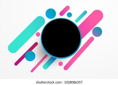 Modern geometric background with various rounded shapes in color. Circle frame with text. Abstract banner. Vector illustration of dynamic composition.