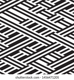 Modern geometric background. Vector seamless texture. A repeating pattern with interwoven lines. Ratio between foreground and background (black and white lines) is 50%:50%.