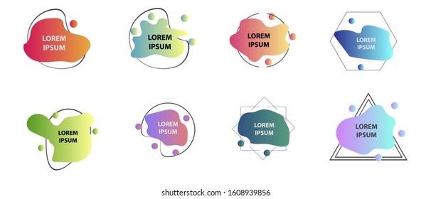 Modern geometric badges set. Colorful vector gradient shapes composition. Trendy minimal design. 3D graphic futuristic style 