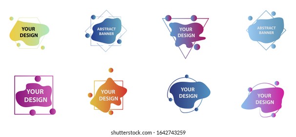 Modern geometric badges set. Colorful vector gradient shapes composition. Trendy minimal design. 3D graphic futuristic style 