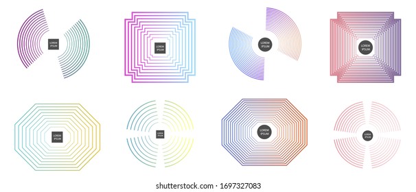 Modern geometric badges set. Colorful vector gradient shapes composition. Trendy minimal design. 3D graphic futuristic style 