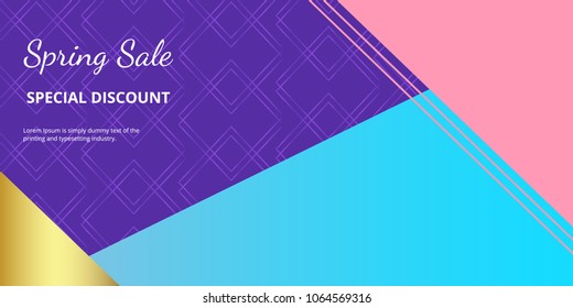 Modern geometric banner with colorful triangles. Gold, purple, blue and pink background. Template for designs, card, flyer, invitation, party, birthday, wedding, email, web, website
