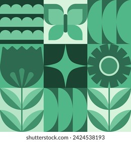 Modern geometric banner. Flowers, leaves and butterfly in flat minimalist style. Vector illustration