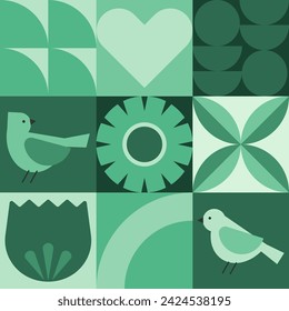 Modern geometric banner. Flowers, leaves and birds in flat minimalist style. Vector illustration