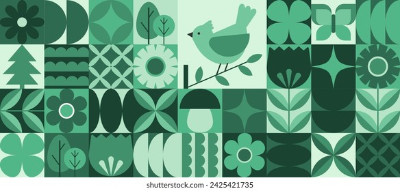 Modern geometric banner. Flowers, leaves, trees and bird in flat minimalist style. Vector illustration