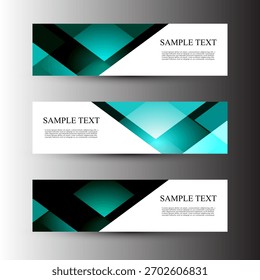 Anuncios geométricos modernos con revestimiento azul y verde azulado. Etiquetas Abstractas para encabezados y promociones de Web. Estos diseños son ideales para su uso en encabezados de Web, gráficos promocionales o anuncios comerciales.