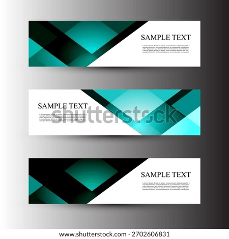 Modern Geometric Banner Set – Teal, Black and White Overlapping Shapes with Sample Text Layout. A set of three horizontal banners featuring a modern geometric design with overlapping translucent shapes in shades of teal, black, and white. Each banner displays a layered composition on the left side and placeholder text on the right, creating a balanced and dynamic layout. The design is ideal for web headers, promotional graphics, advertisements, or editorial templates. Suitable for use in digital marketing, branding, presentations, or UI, UX design.