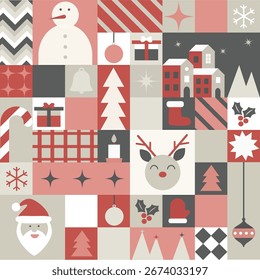 Patrón geométrico moderno de las Navidades de la Bauhaus con los iconos mínimos de Festiva en Colores neutros