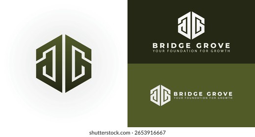 Um moderno monograma de BG geométrico dentro de um emblema hexágono, ideal para uma empresa imobiliária ou de construção. Simboliza estabilidade e crescimento.