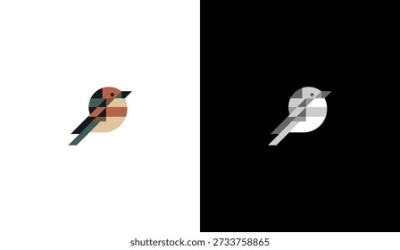 Conjunto de logotipo de pájaro geométrico moderno con símbolos aviares minimalistas en color y versiones en blanco y negro para el diseño de marca e identidad en fondos contrastantes.