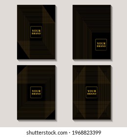Modern geometric black cover, frame design set. Luxury creative line pattern in premium colors: black, gold . Vector layout useful for notebook cover, business poster, brochure template