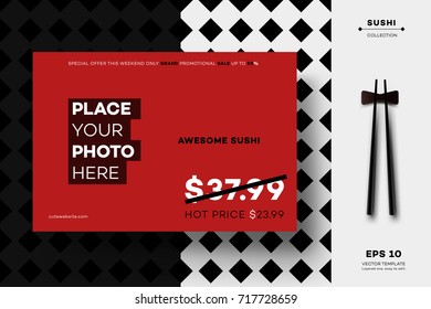 Modern Geometric Black White MockUp. Vector Layout Template For Sushi Menu, Leaflet, Brochure, Newsletter, Poster, Web Site, Gift Card Or Presentation Design.
