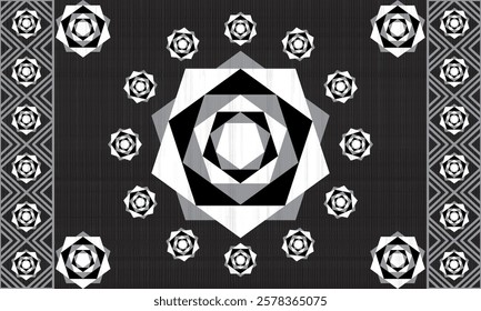 Modern geometric black and white pattern featuring octagonal and triangular shapes in white, gray, and black tones. Suitable for carpets, wallpapers, or minimalistic and contemporary designs.