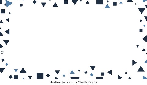 Uma borda geométrica moderna apresenta formas azuis e marinhas dispersas, incluindo triângulos, quadrados e círculos em um fundo branco limpo, criando um quadro gráfico contemporâneo