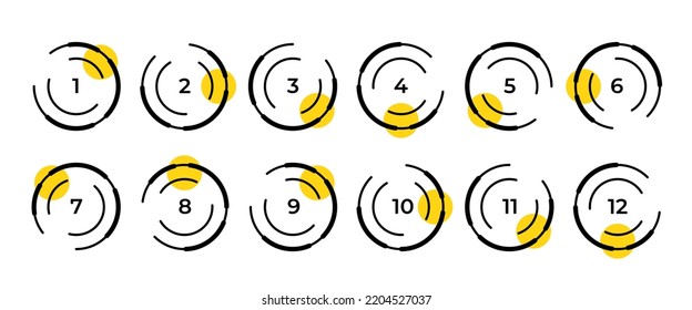 Modern geometric bullet point set. Colorful trendy markers with number from 1 to 12.