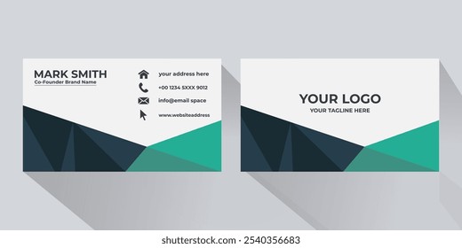 Modern Geometric Business Card Template,
Green and Dark Business Card Design,
Minimalist Professional Business Card Layout,
Corporate Identity Card with Geometric Shapes