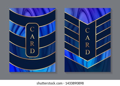 Modern geometric business card templates with golden lines on a dark blue background with bright liquid marble texture.