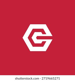 Logotipo geométrico moderno de las letras C y G en forma hexagonal, con un diseño blanco atrevido sobre un fondo rojo vibrante, perfecto para la marca del negocio y los proyectos de identidad corporativa