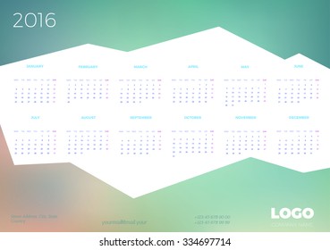 Modern geometric Calendar for 2016. Week Starts Monday. Vector Template