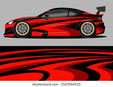 Modern geometric car wrap design with bright colors. Eye catching car wrap design with black and red, perfect for racing cars