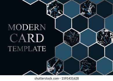 Modern Geometric Card Template For Business Or Presentation Or Greeting With Silver And Marble Honeycombs On A Navy Blue Background.