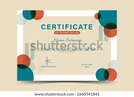 Modern geometric certificate of appreciation template design with colorful circles and professional layout.vector