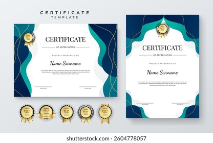 Modern Geometric Certificate Template With Award Badges. Professional Certificate Template Featuring Modern Geometric Design With Abstract Shapes